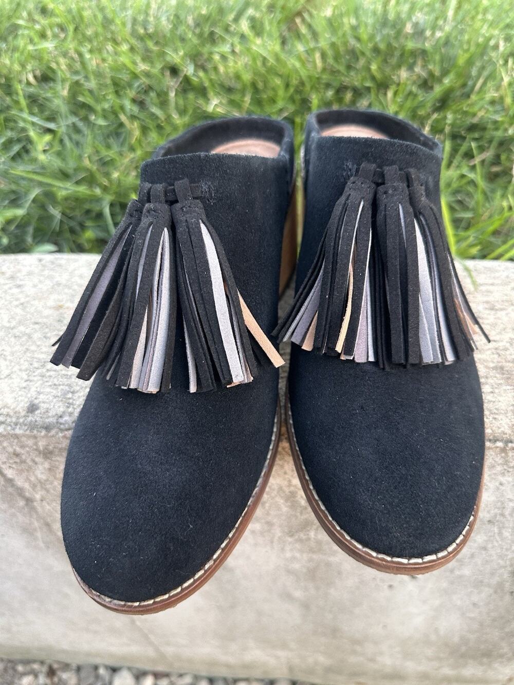 Toms Leila Tassel Muscat Suede Mules-Size 8.5-Chunky Wood Block Heel-Slip On